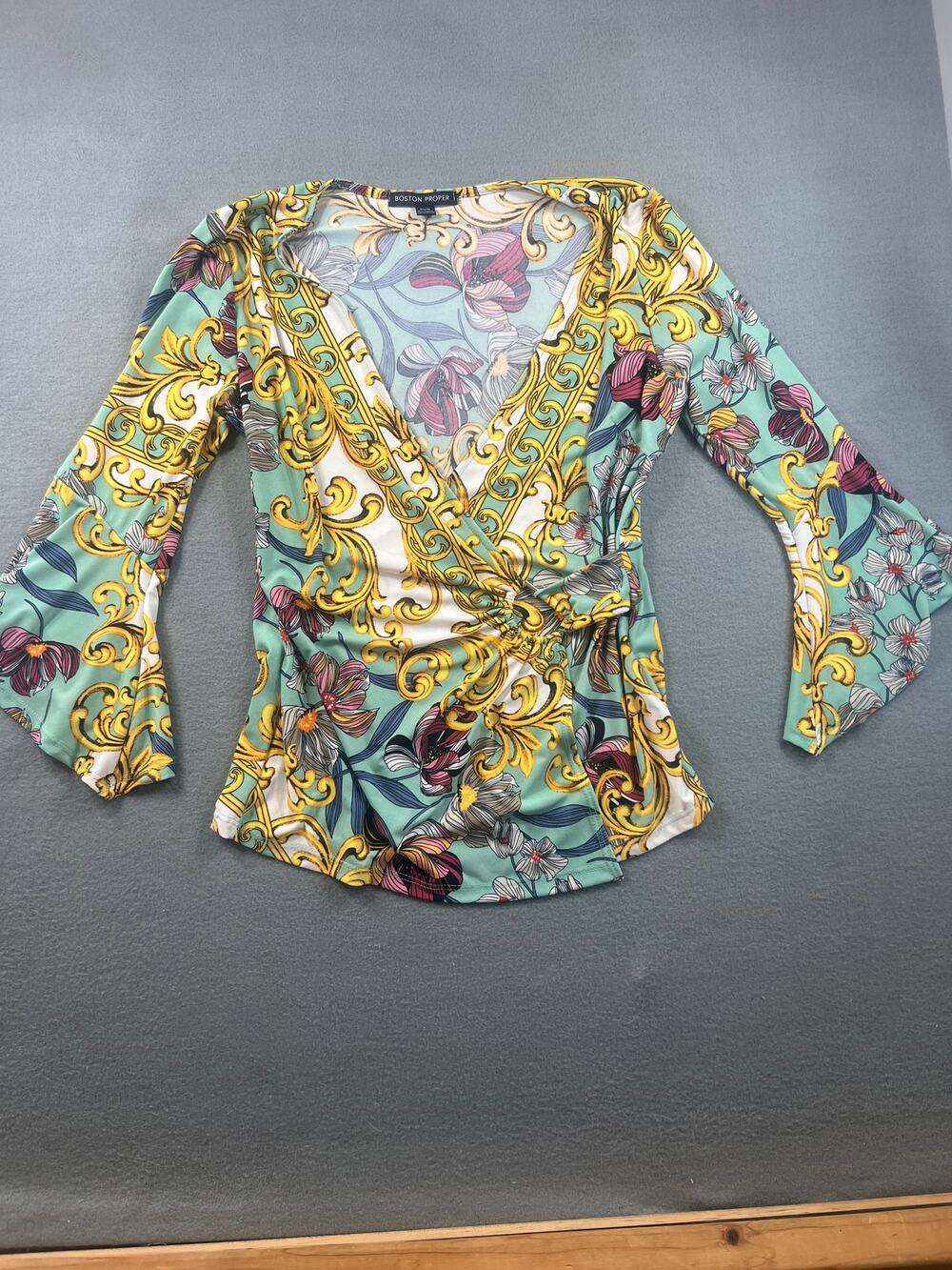 Boston Proper Women's Floral Scroll Wrap Top Aqua Gold Size M 3/4 Sleeve